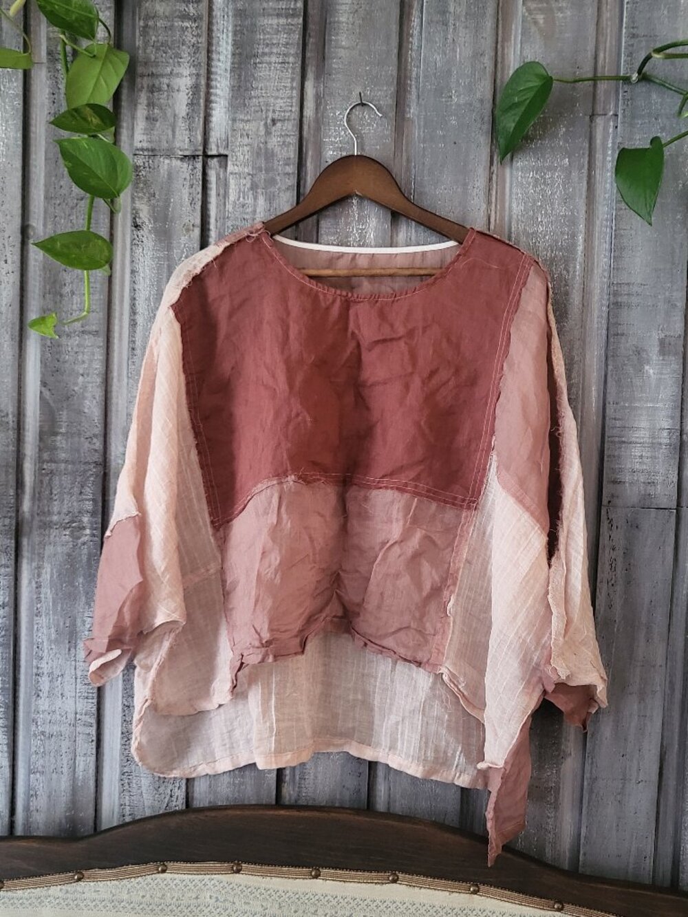 Linen Patchwork Gauze Oversized Top Raw Hem - OS